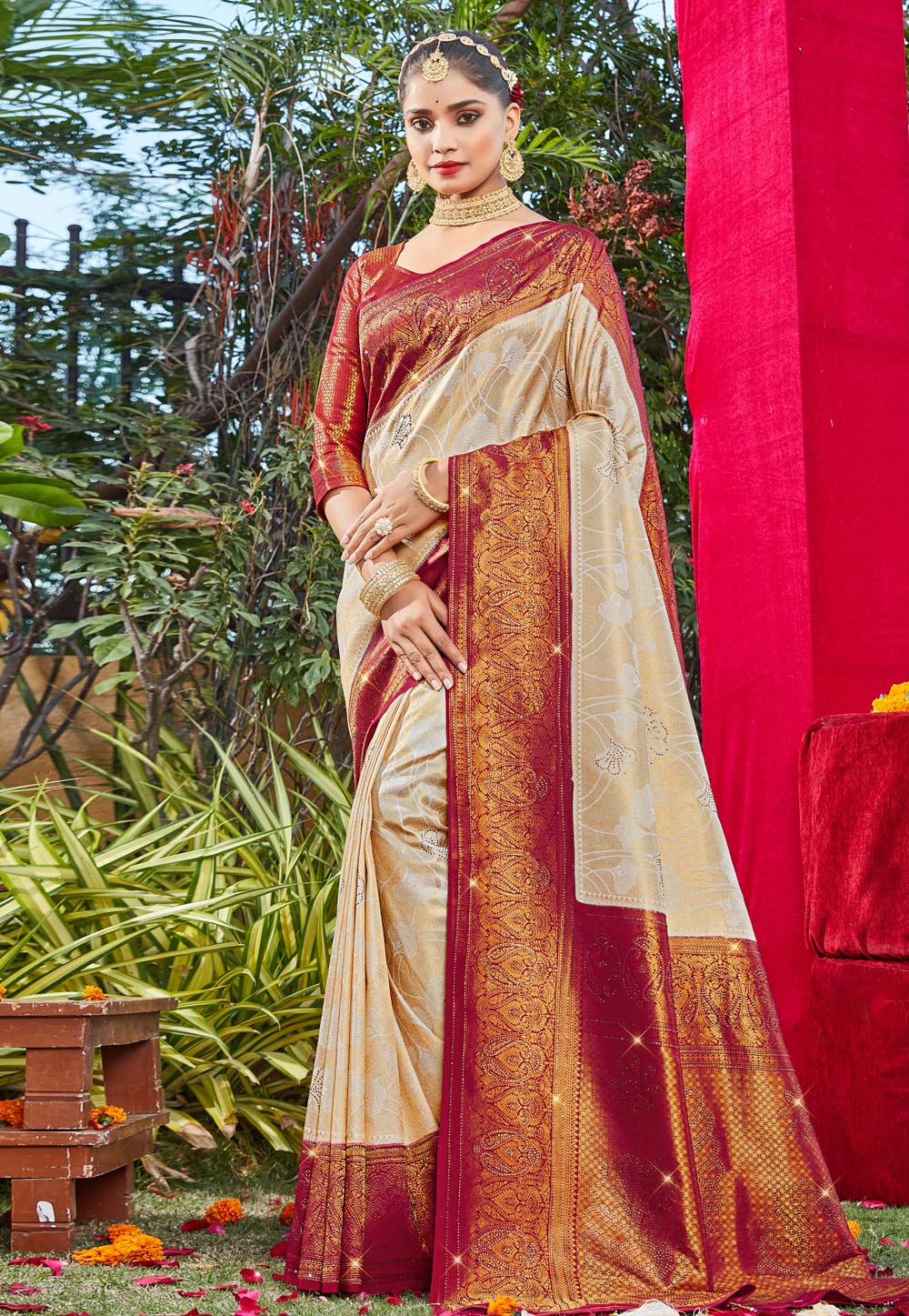 Beige Brocade Saree With Blouse 264850