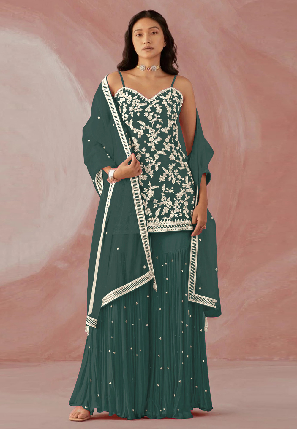 Green Faux Georgette Sharara Suit 274543