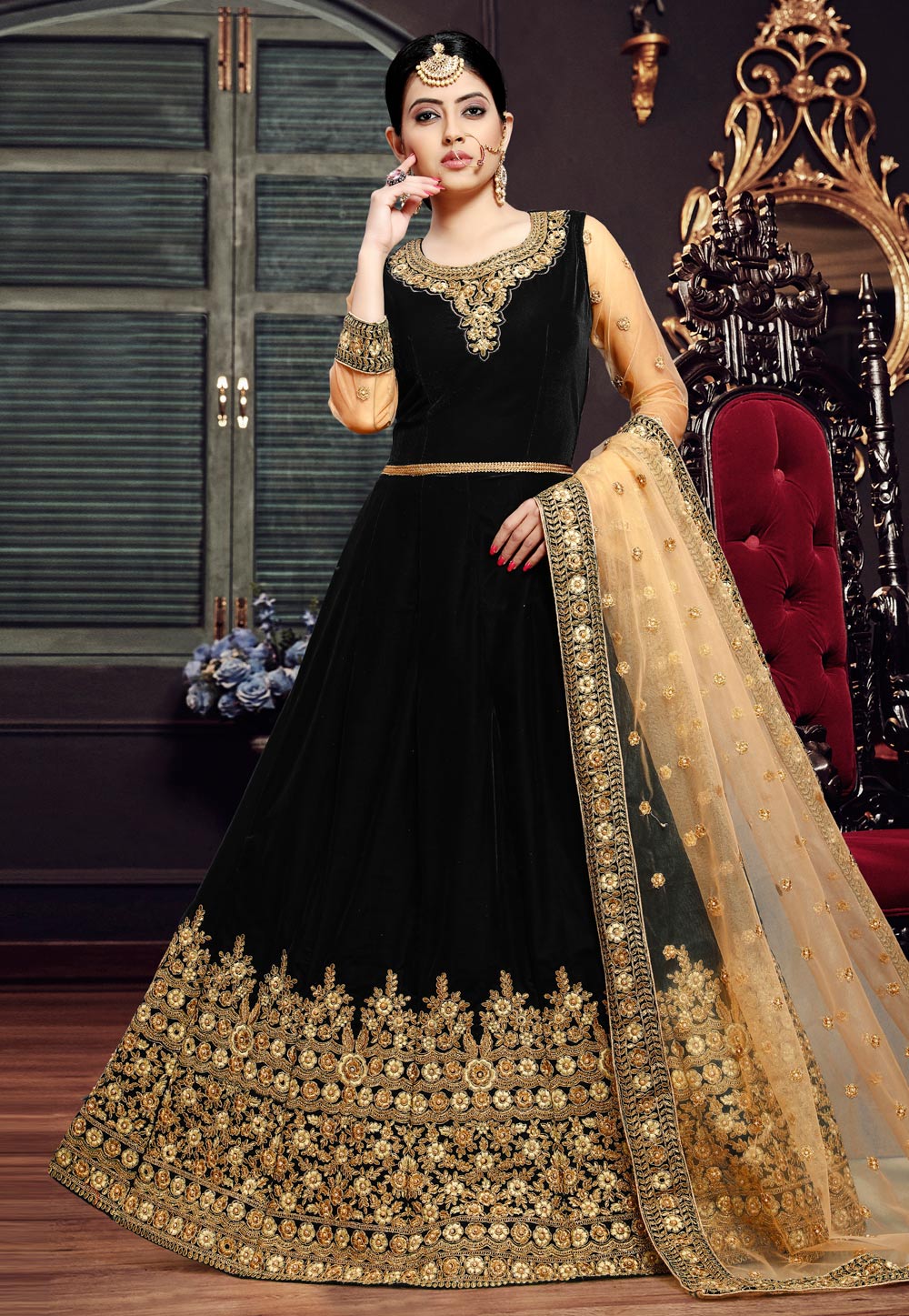 Black Velvet Embroidered Abaya Style Anarkali Suit 190941