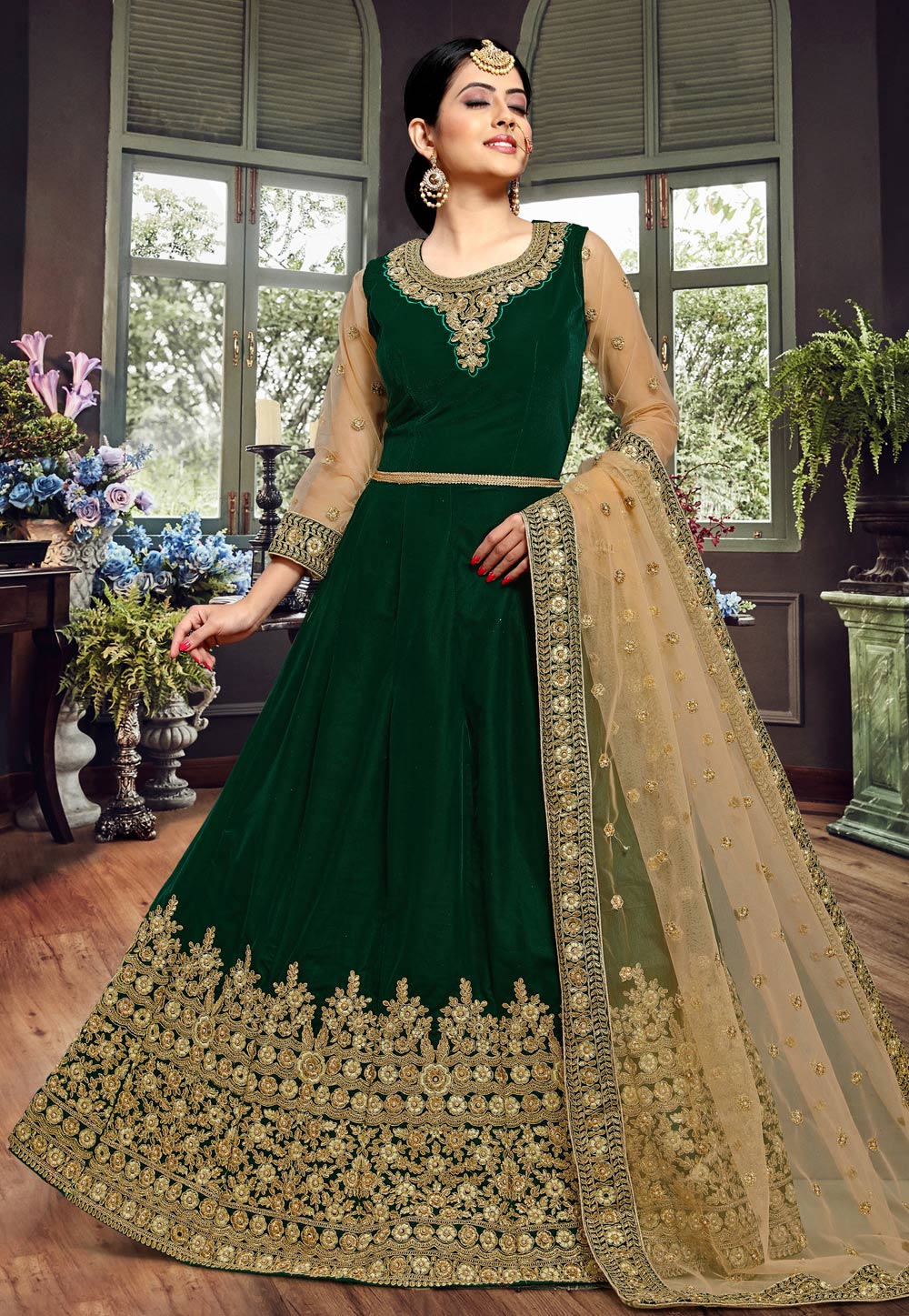 Green Velvet Embroidered Abaya Style Anarkali Suit 190943