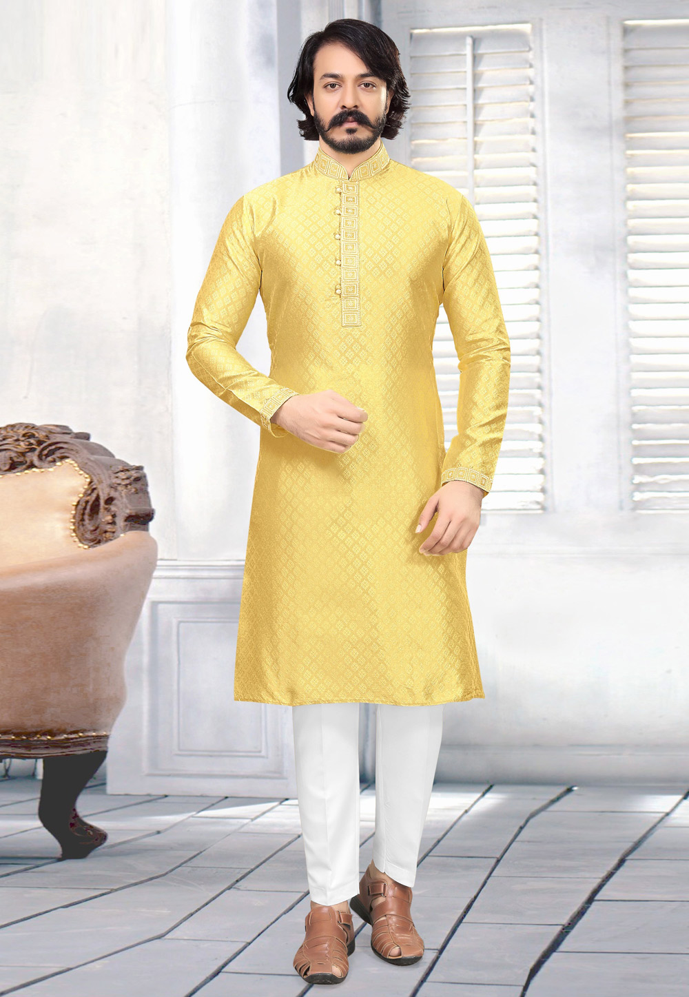 Yellow Silk Jacquard Kurta Pajama 217006