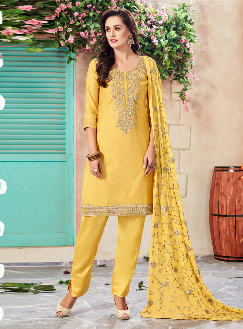 Yellow Chanderi Pant Style Suit 108590