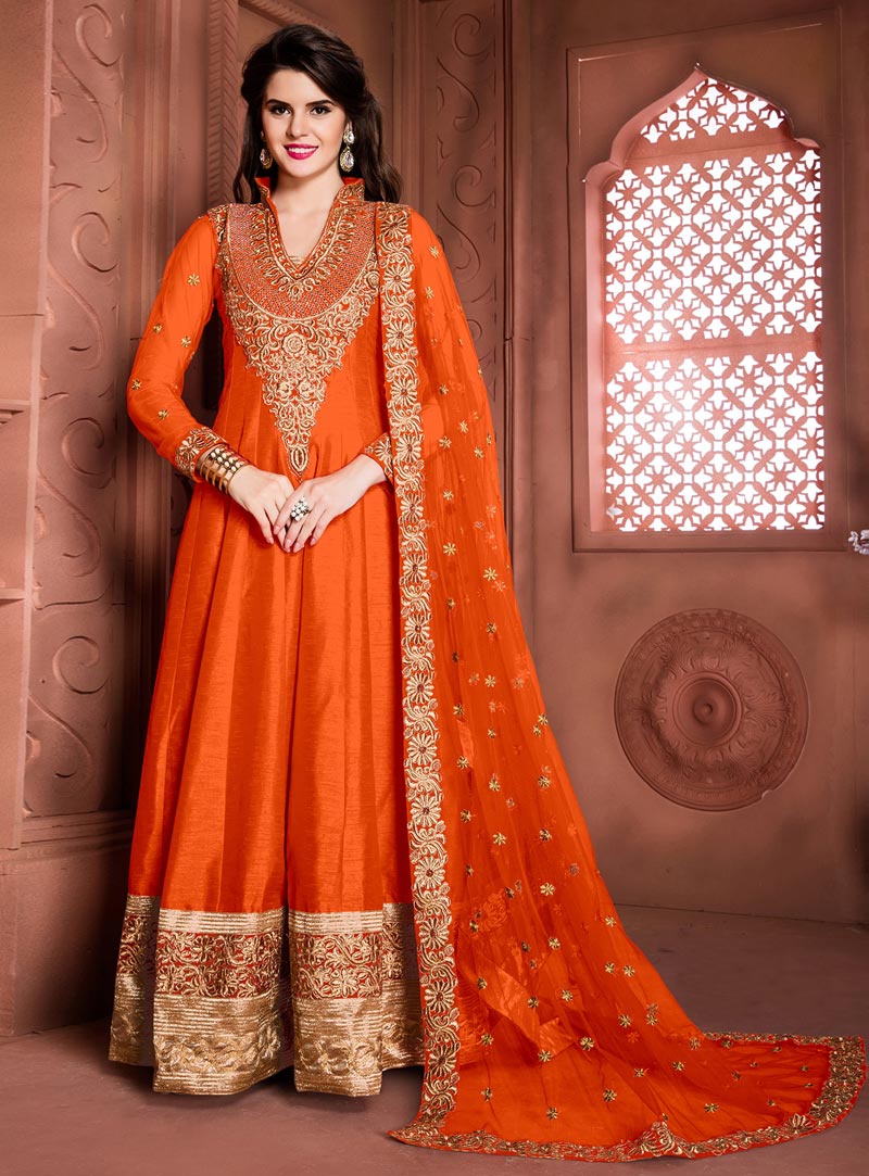 Orange Banglori Silk Long Anarkali Suit 80891