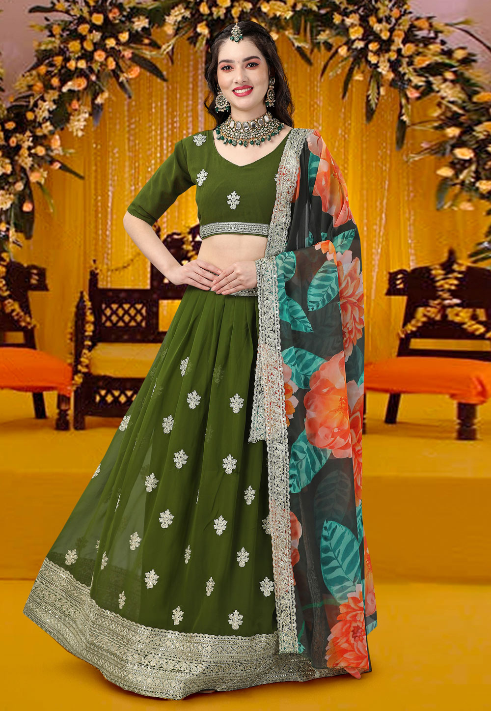 Yellow and Emerald Green Mehndi Lehnga Choli (D-08) – Ammara Khan