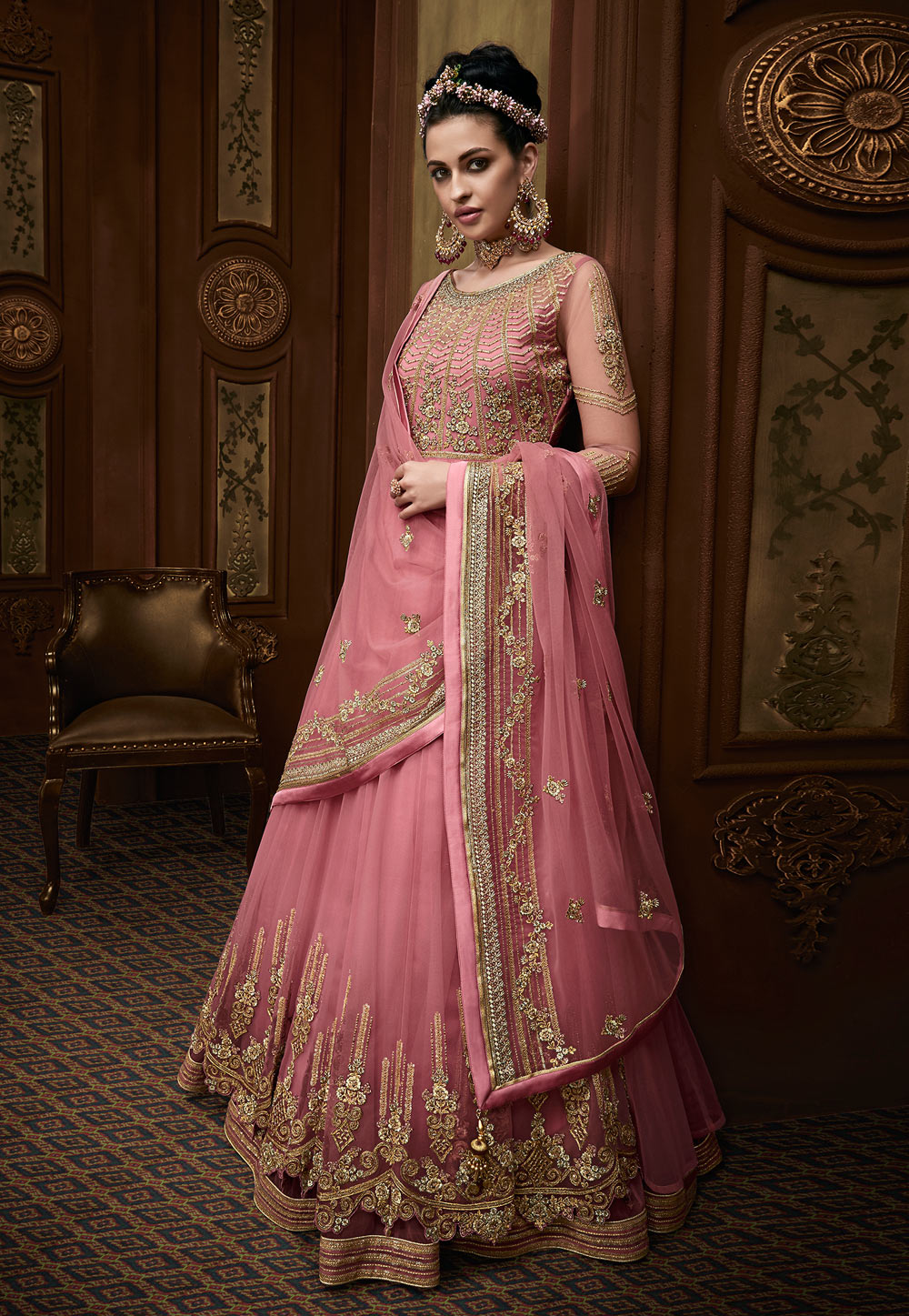 Pink Net Abaya Style Anarkali Suit 163353