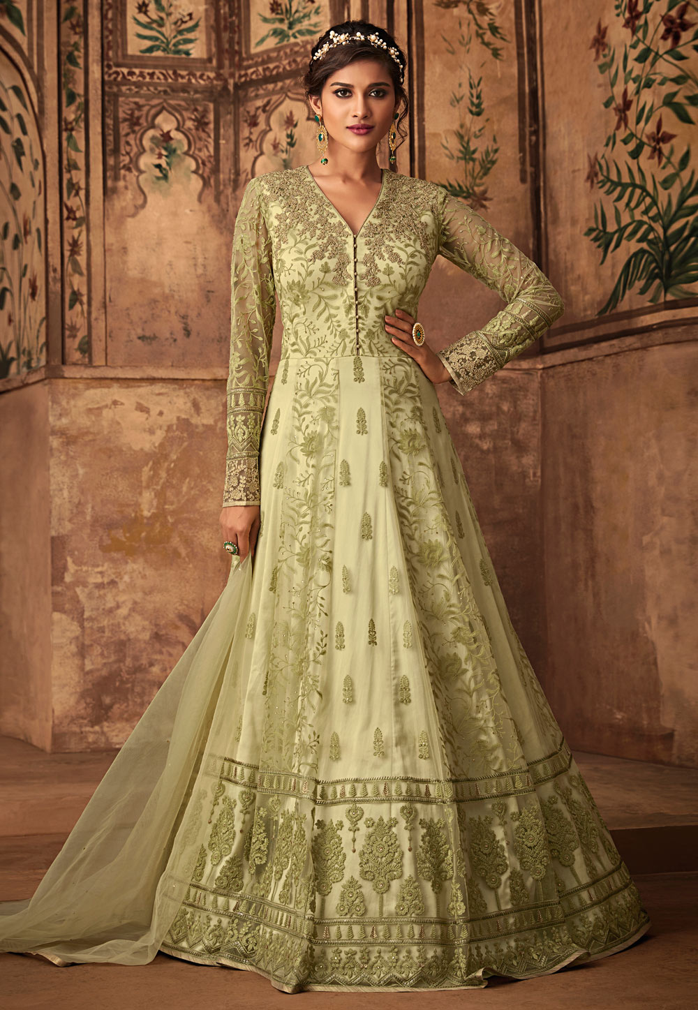 Light Green Net Abaya Style Anarkali Suit 160095