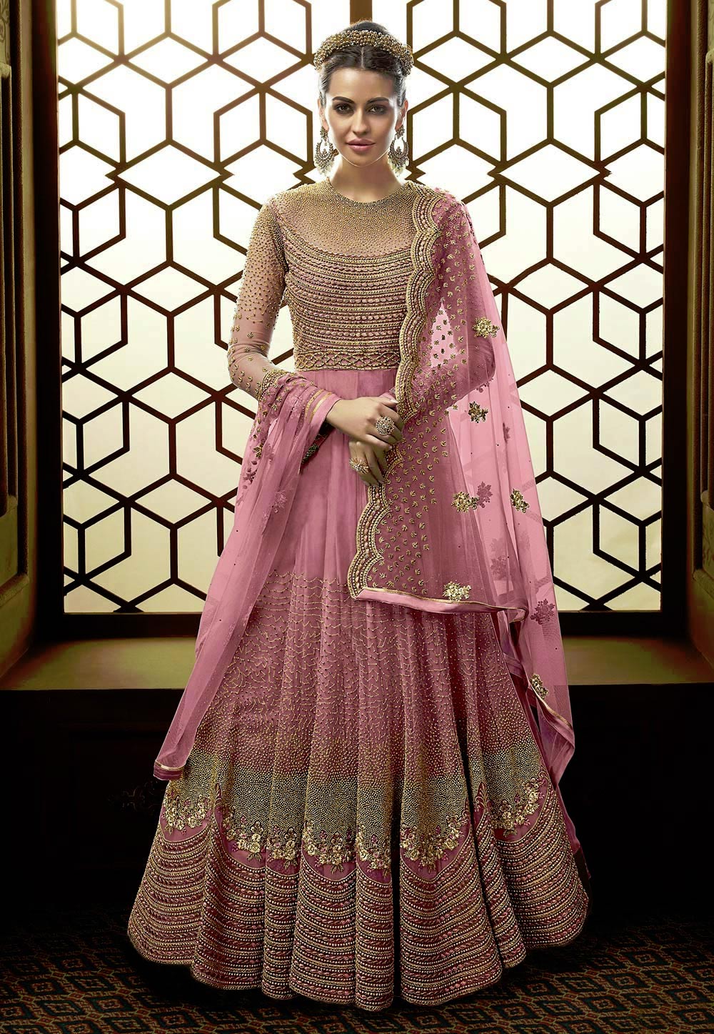 Pink Net Embroidered Long Anarkali Suit 168751