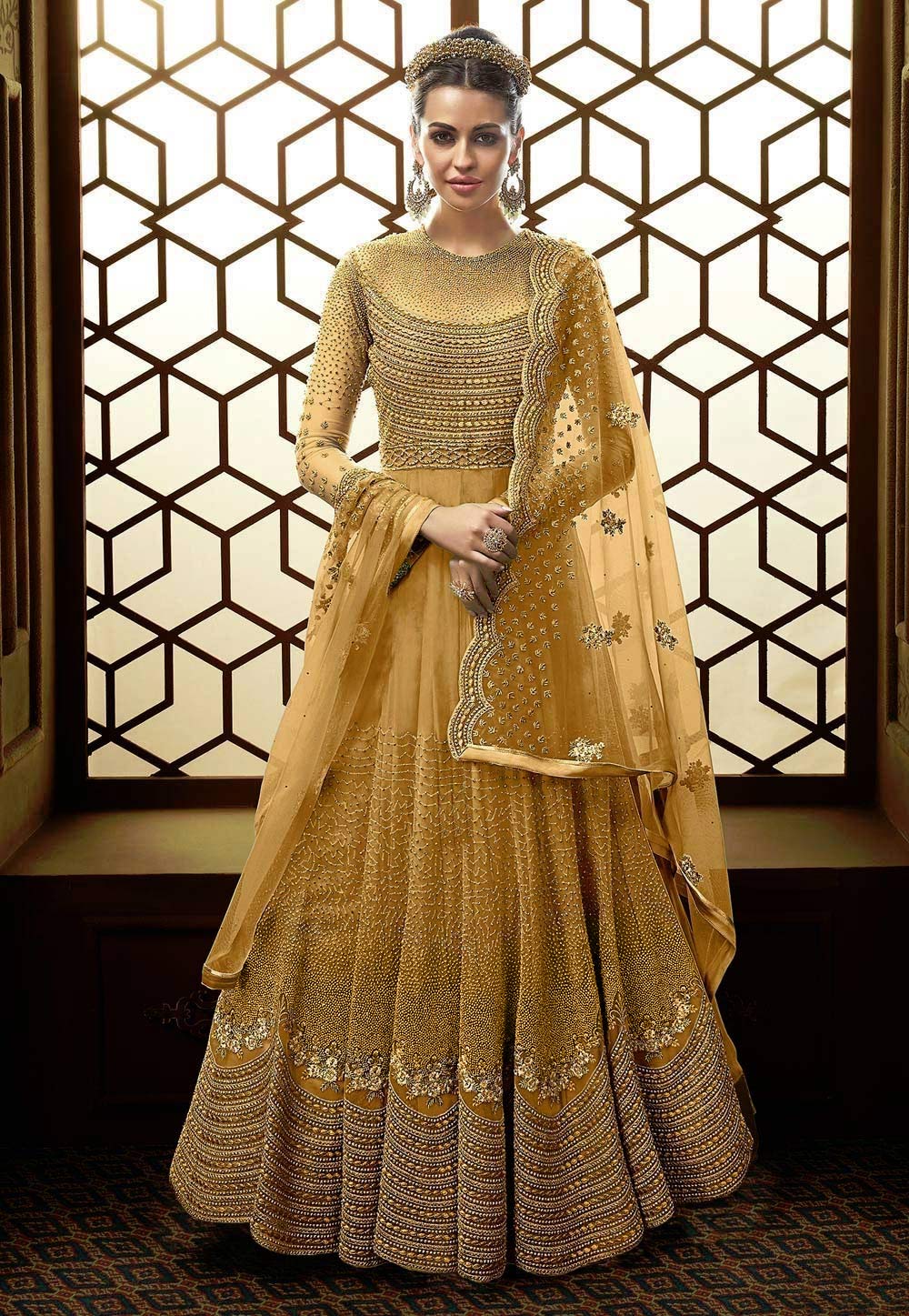 Yellow Net Embroidered Long Anarkali Suit 168754