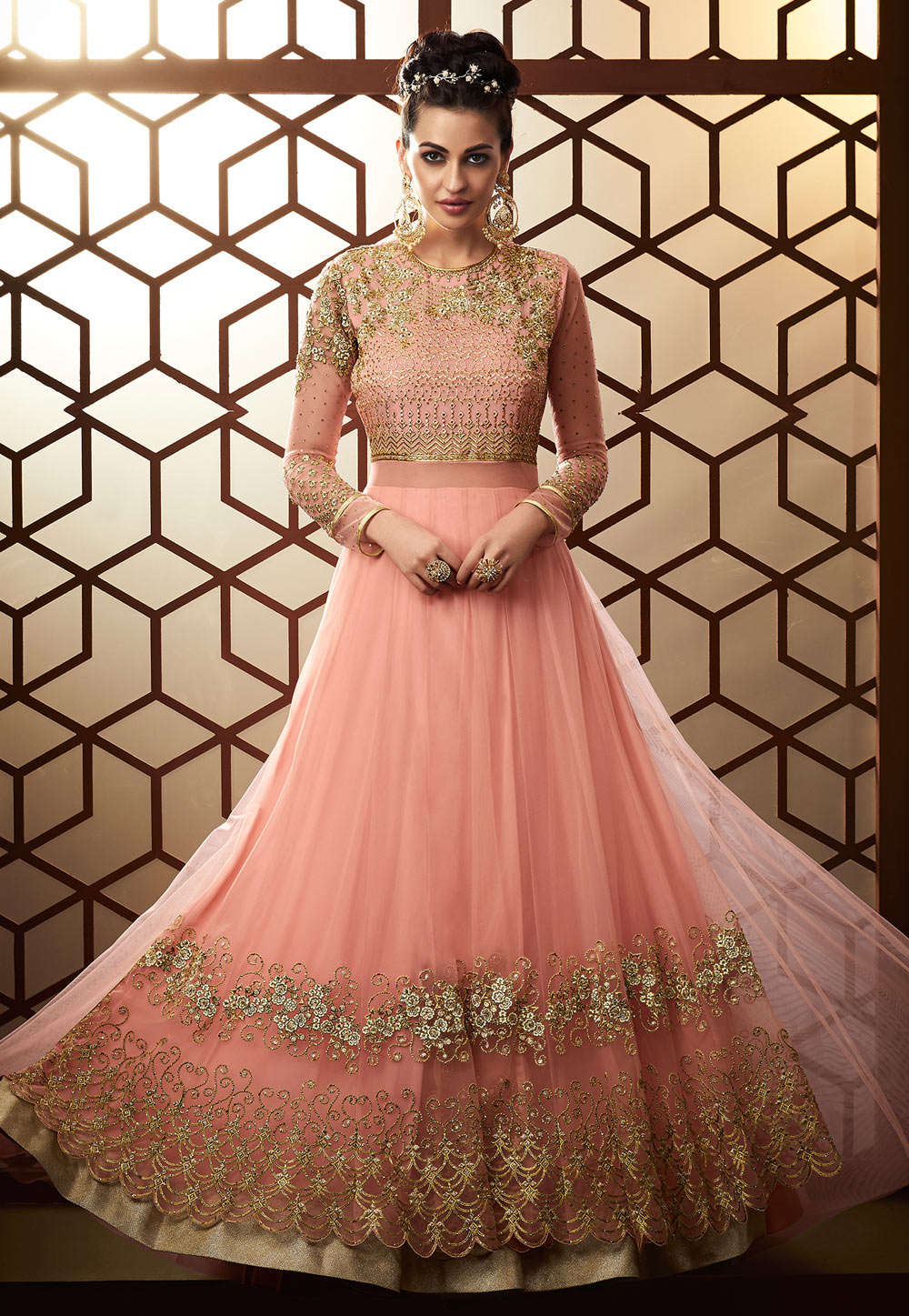 Light Pink Net Embroidered Floor Length Anarkali Suit 163356