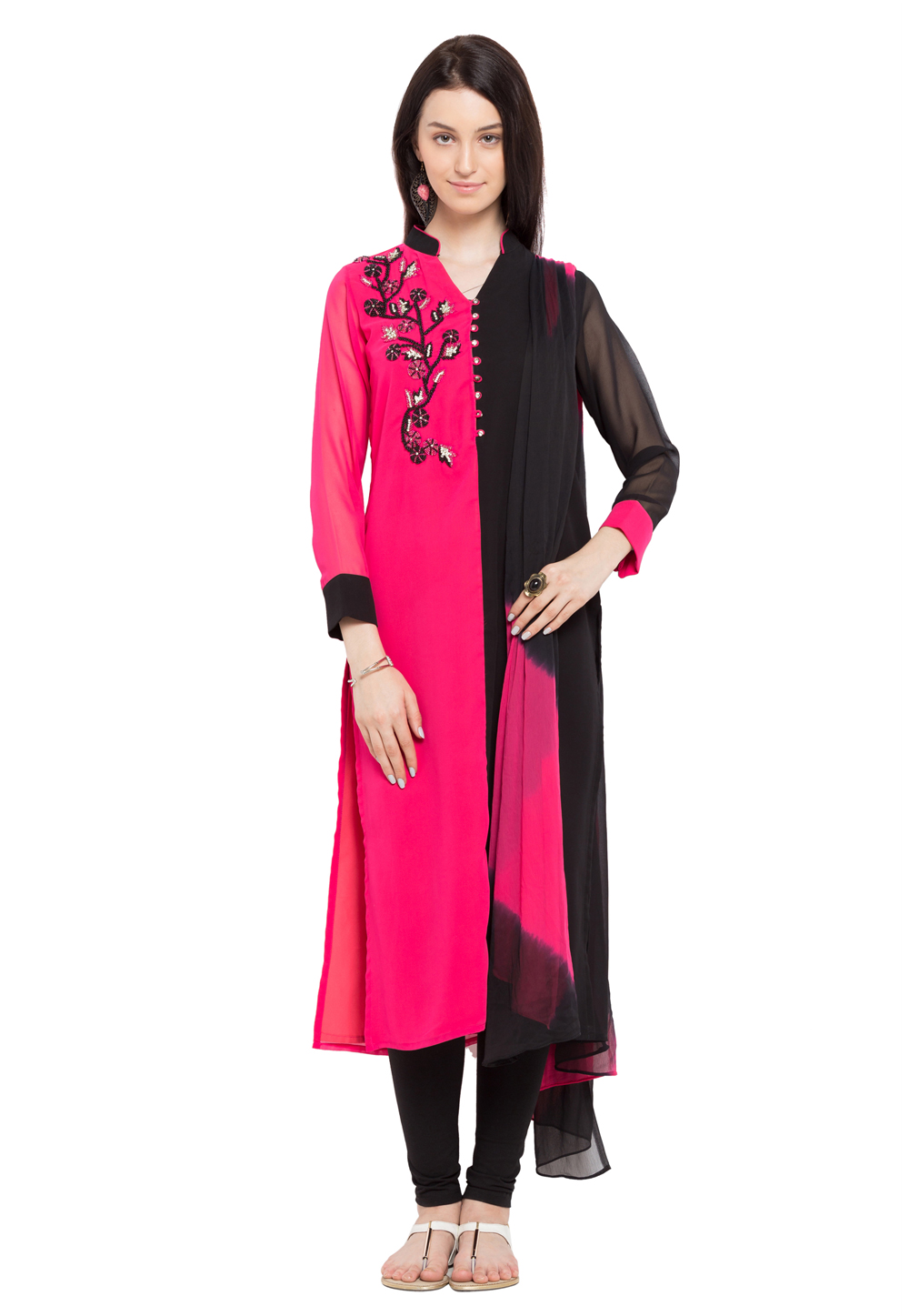 Pink Faux Georgette Readymade Churidar Suit 230322