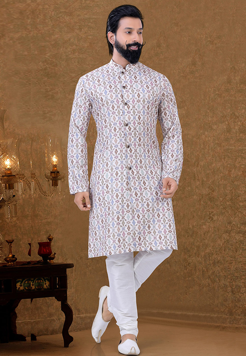 Online Cream Men Kurta Pajama with Embroidered Jacket MKPA02054