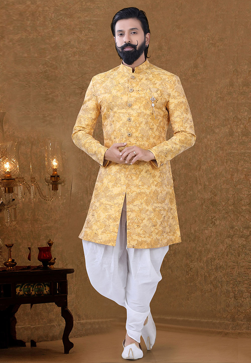 Yellow Jacquard Indo Western Suit 249023