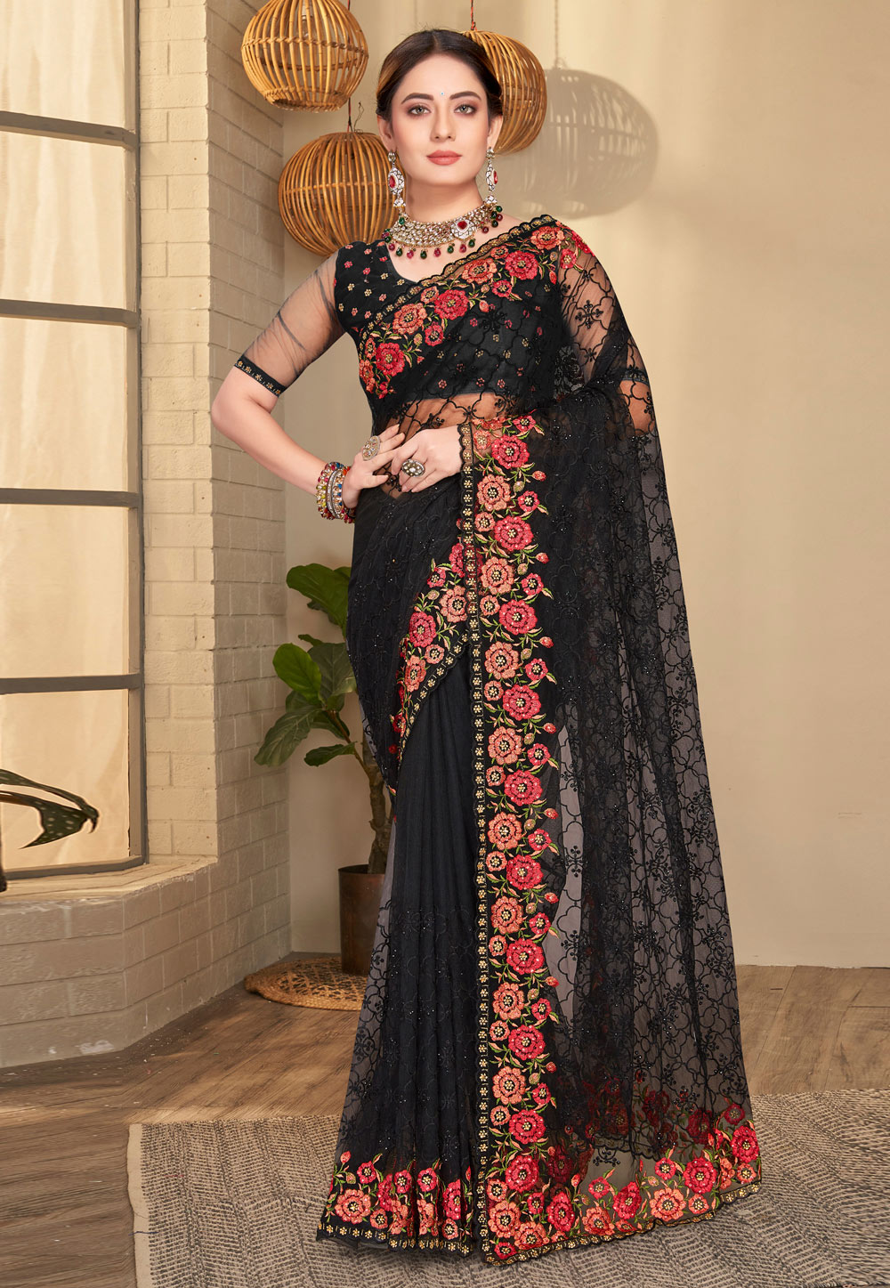 Black net saree with blouse 1471