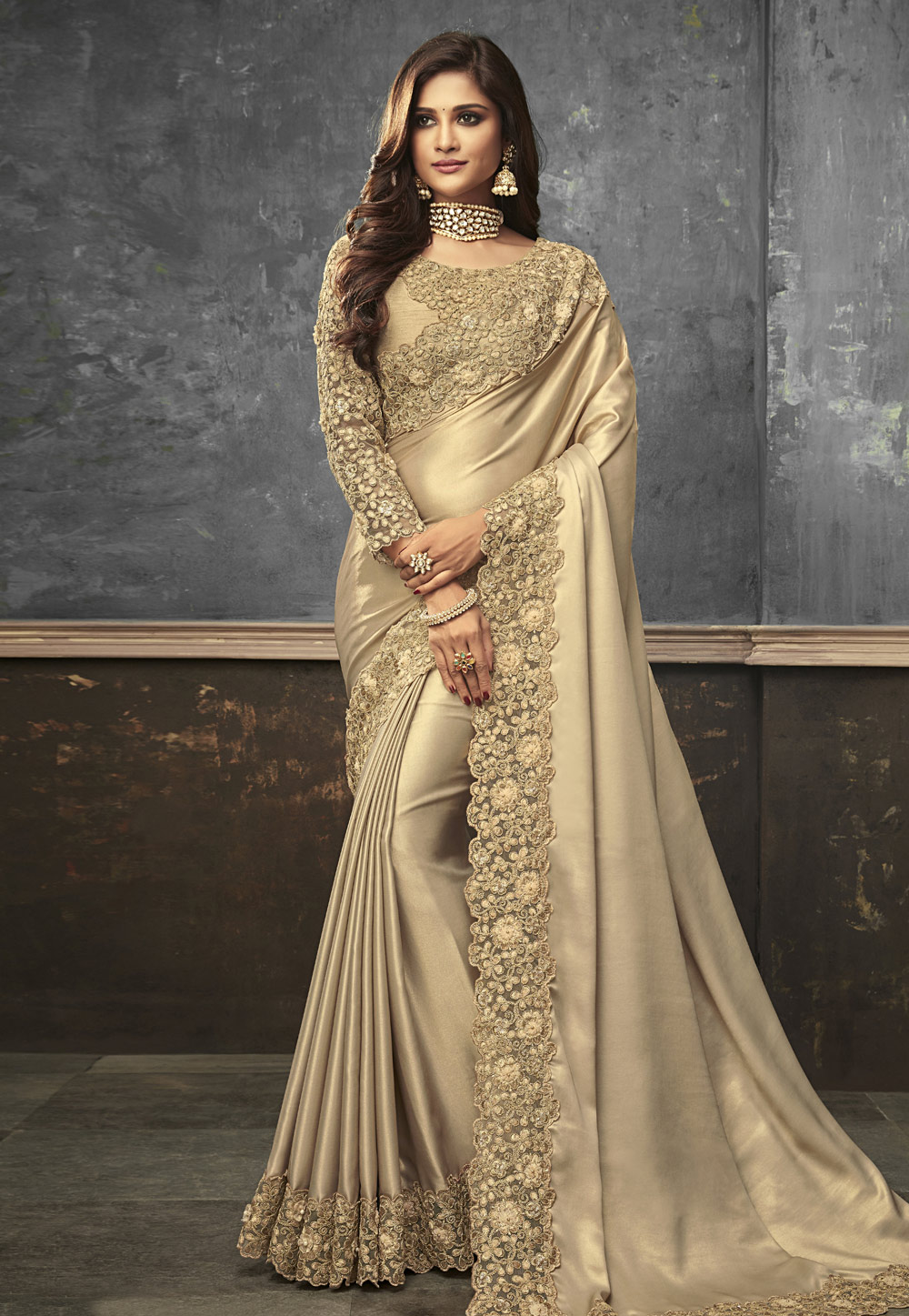 Beige Shimmer Party Wear Saree 171978