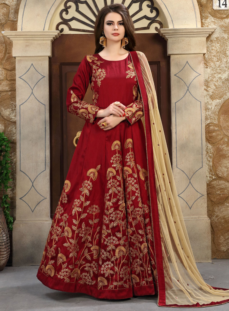Red Silk Floor Length Anarkali Suit 130101
