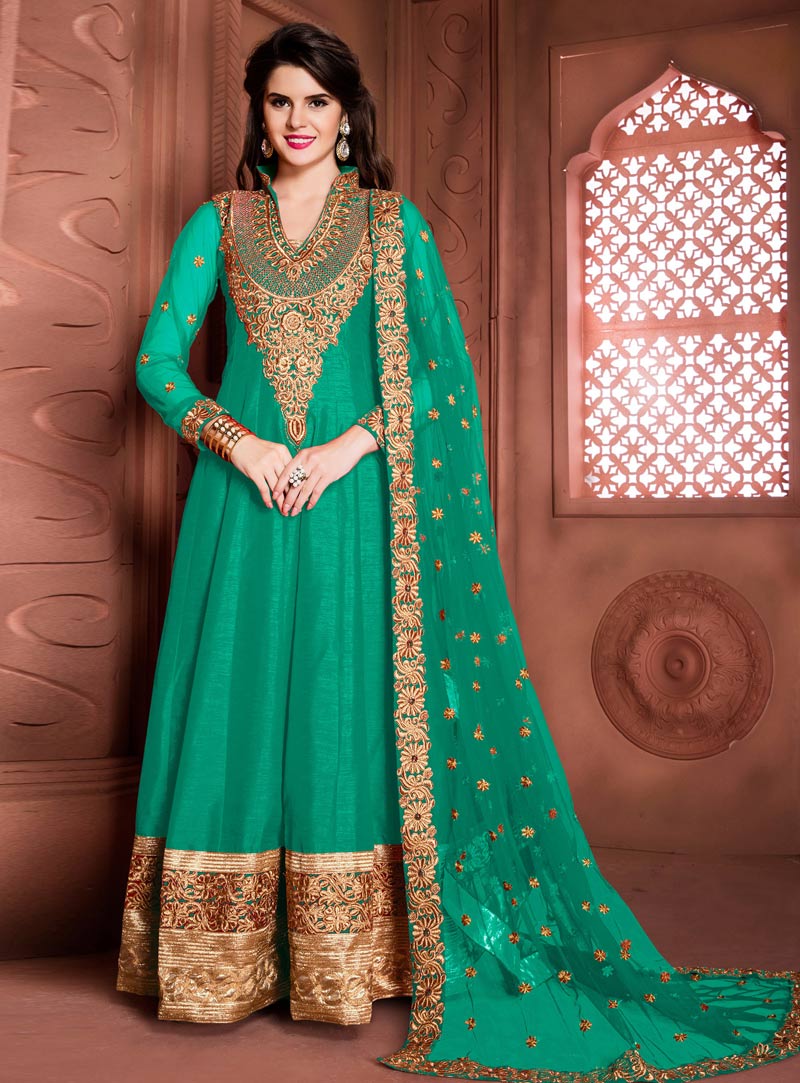 Turquoise Banglori Silk Long Anarkali Suit 85927