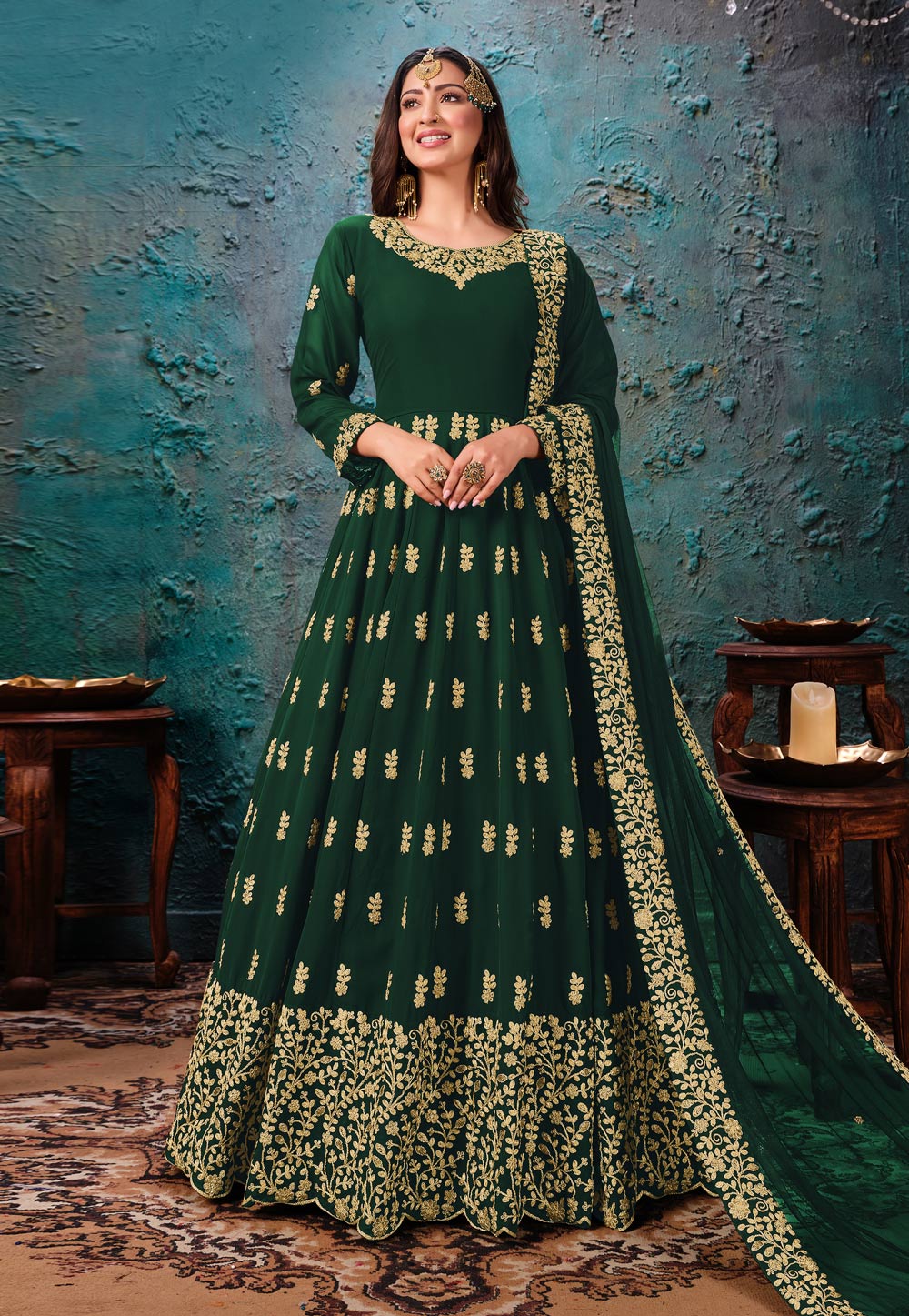 Green Faux Georgette Embroidered Abaya Style Anarkali Suit 217421