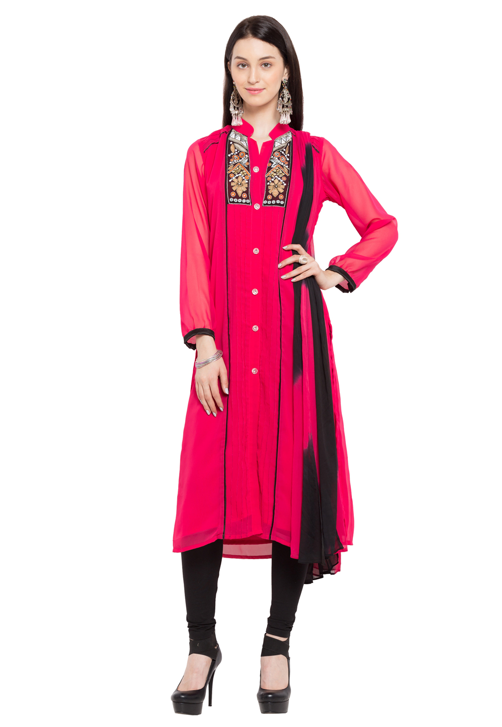 Pink Faux Georgette Readymade Churidar Suit 230323