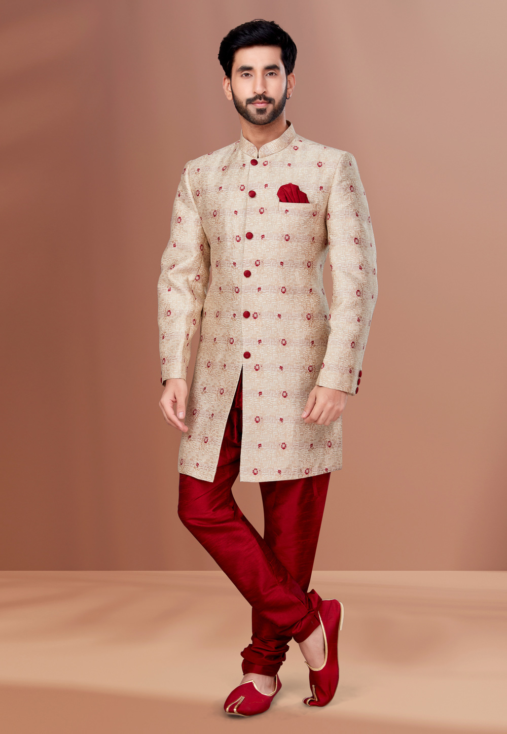 Cream Jacquard Indo Western Suit 257818