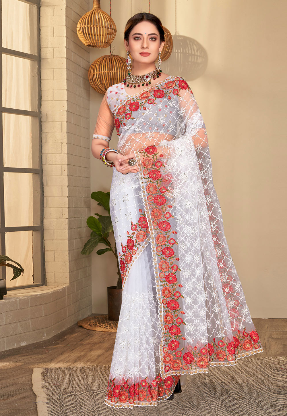 White Net Saree With Blouse 251855
