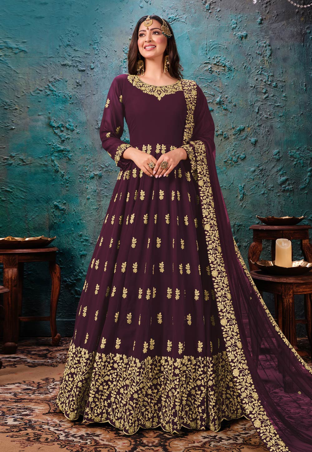 Purple Faux Georgette Embroidered Abaya Style Anarkali Suit 217422