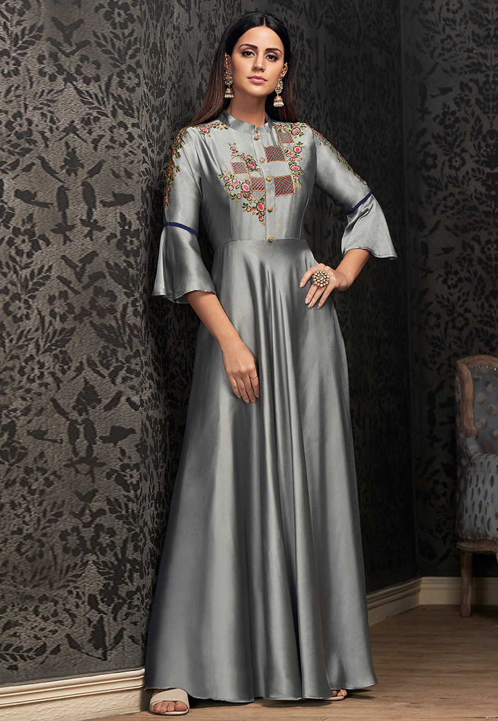 Grey Georgette Readymade Party Wear Gown 169523