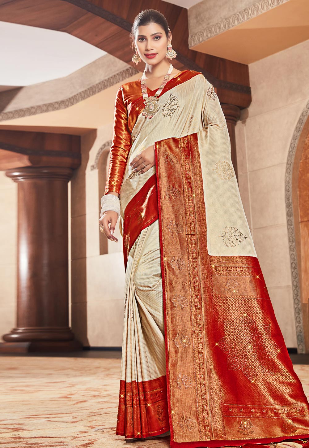 Cream Brocade Saree With Blouse 264865
