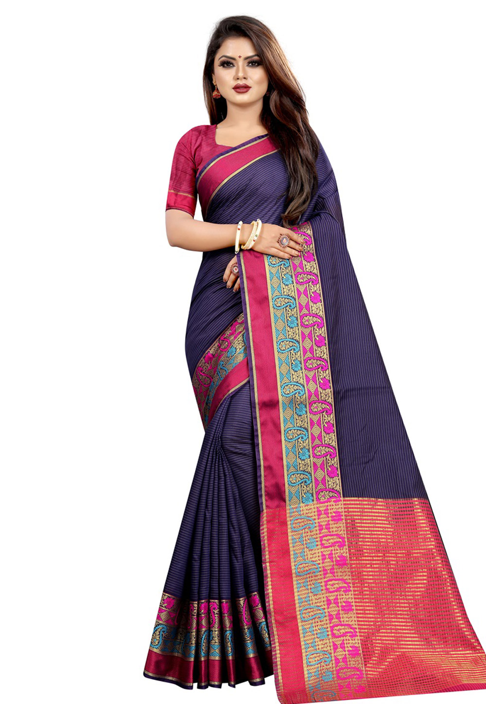 Navy Blue Cotton Saree With Blouse 195631