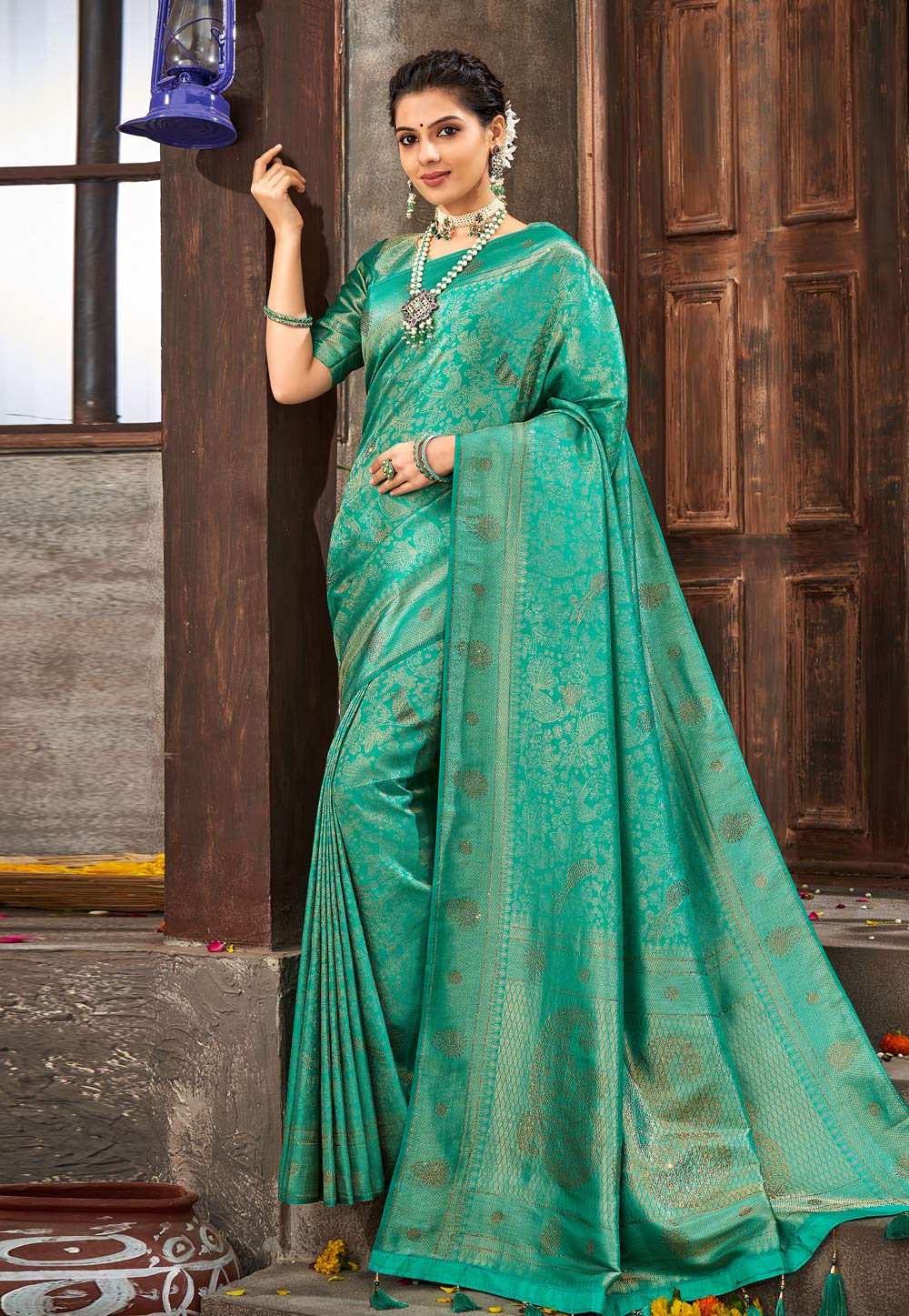 Turquoise Brocade Saree With Blouse 251569