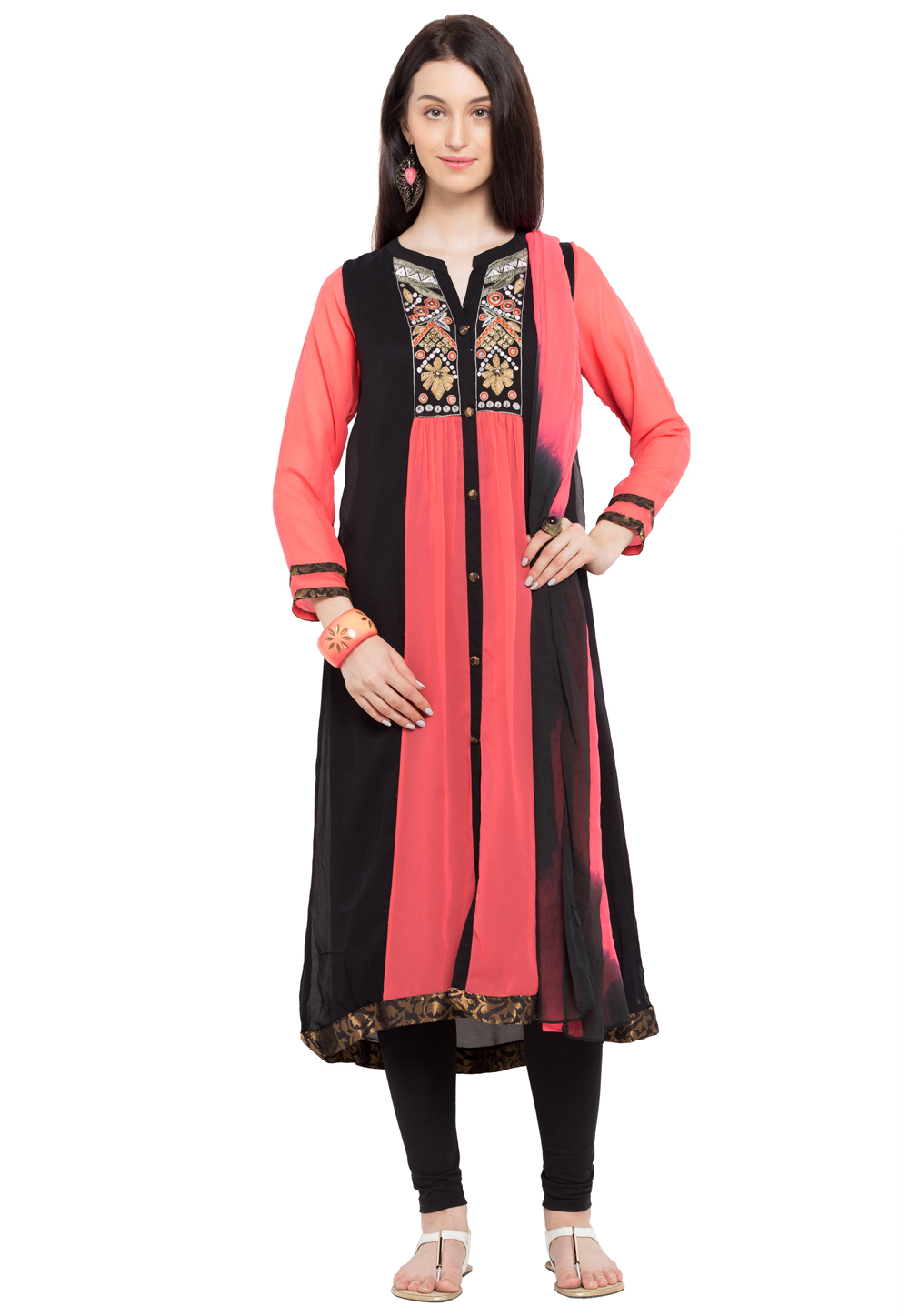 Pink Faux Georgette Readymade Churidar Suit 230324