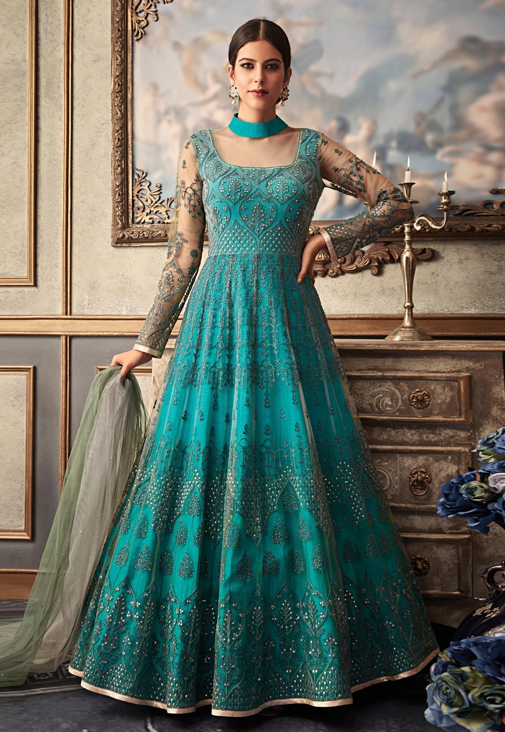 Aqua Blue Net Abaya Style Anarkali Suit 161952