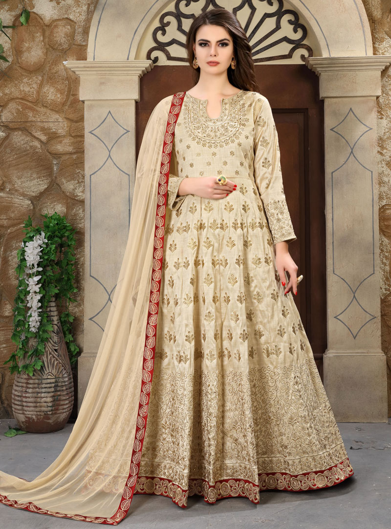 Beige Silk Floor Length Anarkali Suit 130103