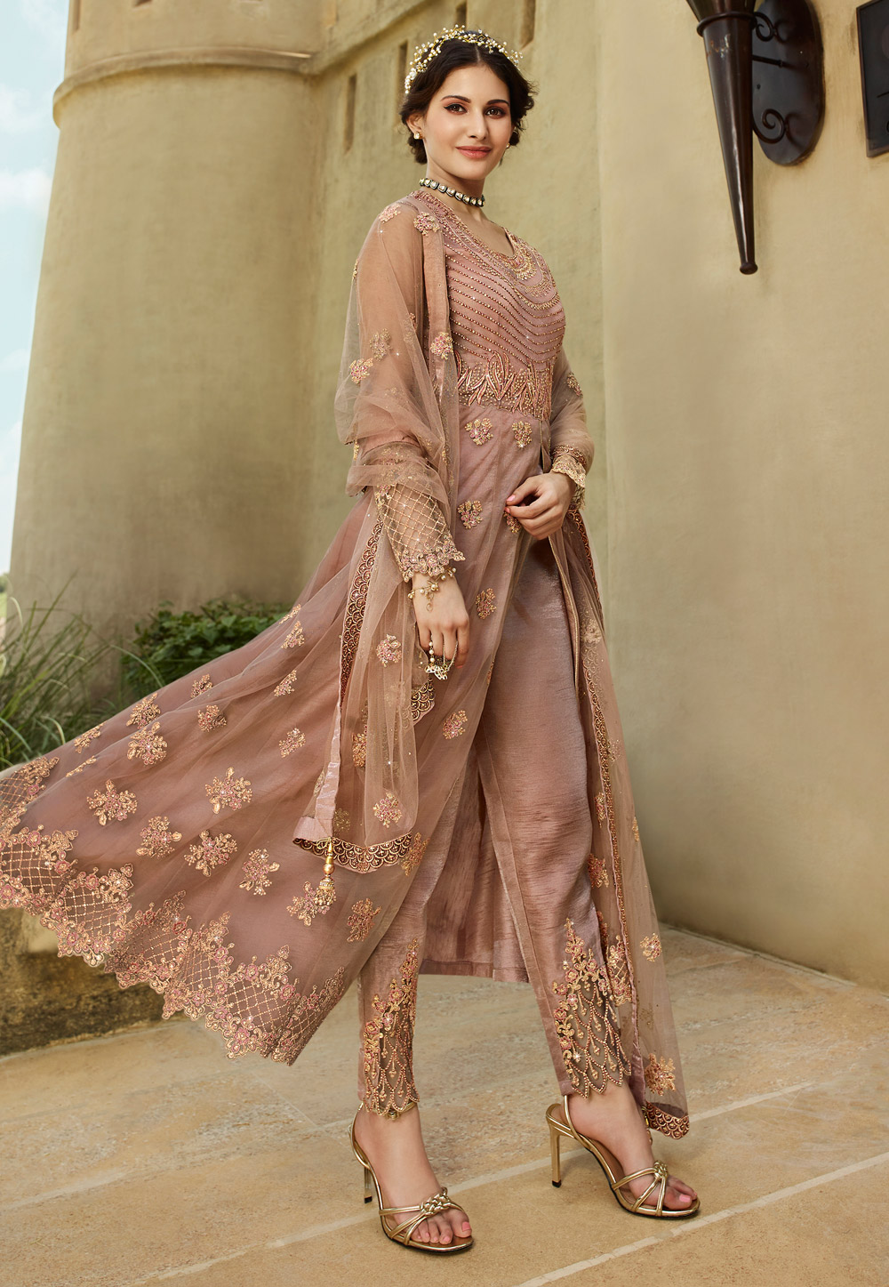 Shaded Pink Net Embroidered Pant Style Suit 209285