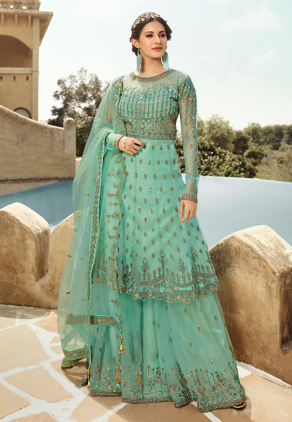 Sea Green Net Embroidered Palazzo Suit 209286