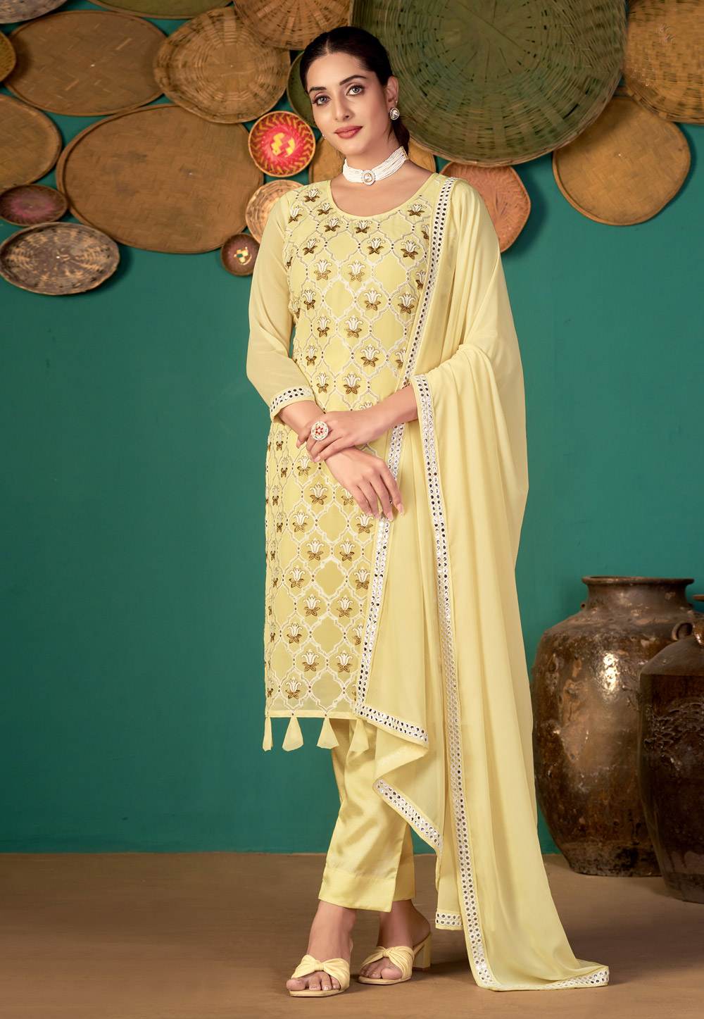 Yellow Faux Georgette Pant Style Suit 248308