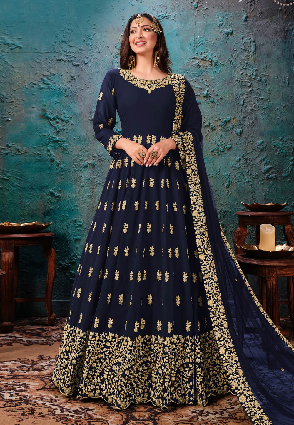 Navy Blue Faux Georgette Embroidered Long Anarkali Suit 217423