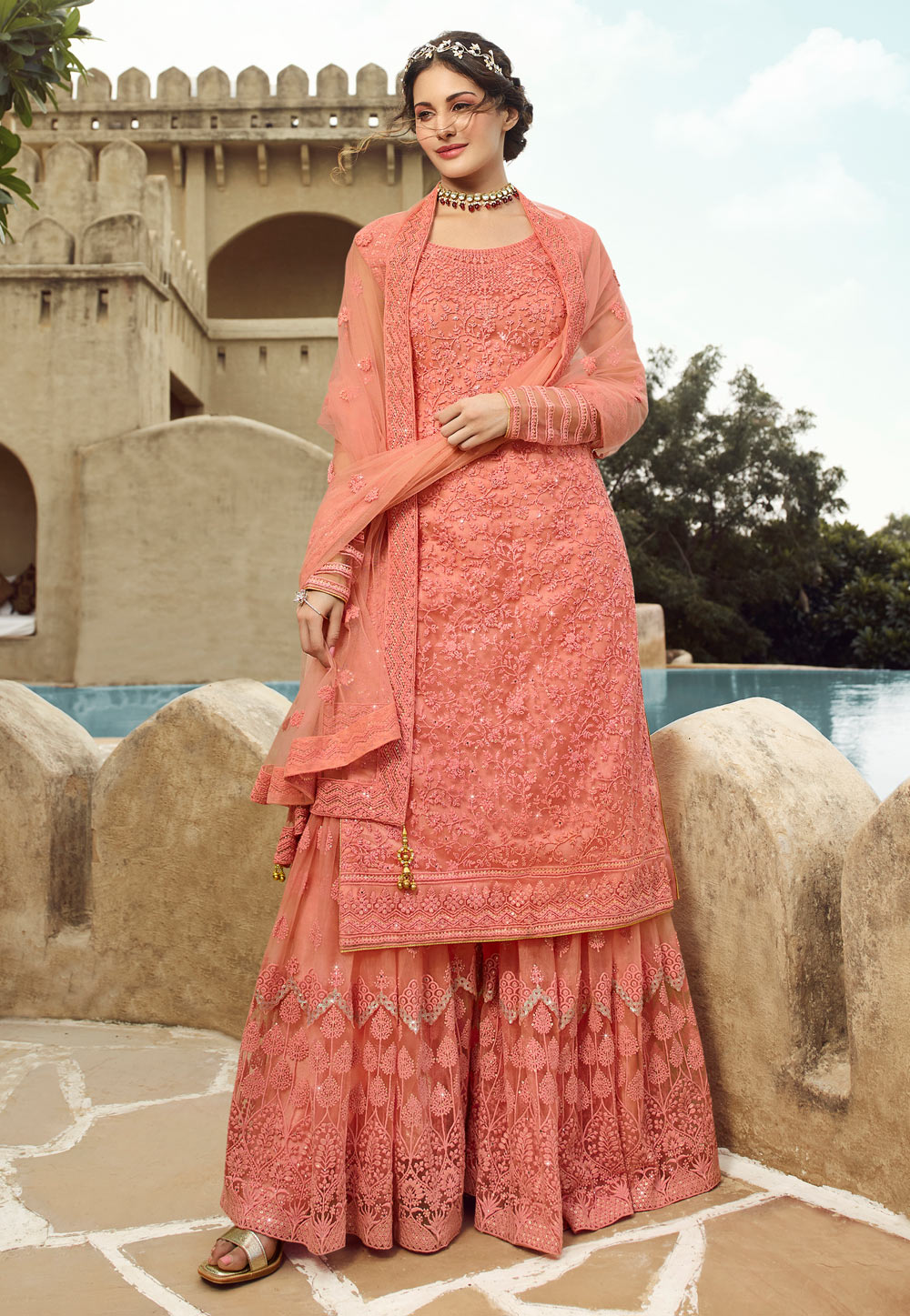 Peach Net Embroidered Sharara Suit 209287
