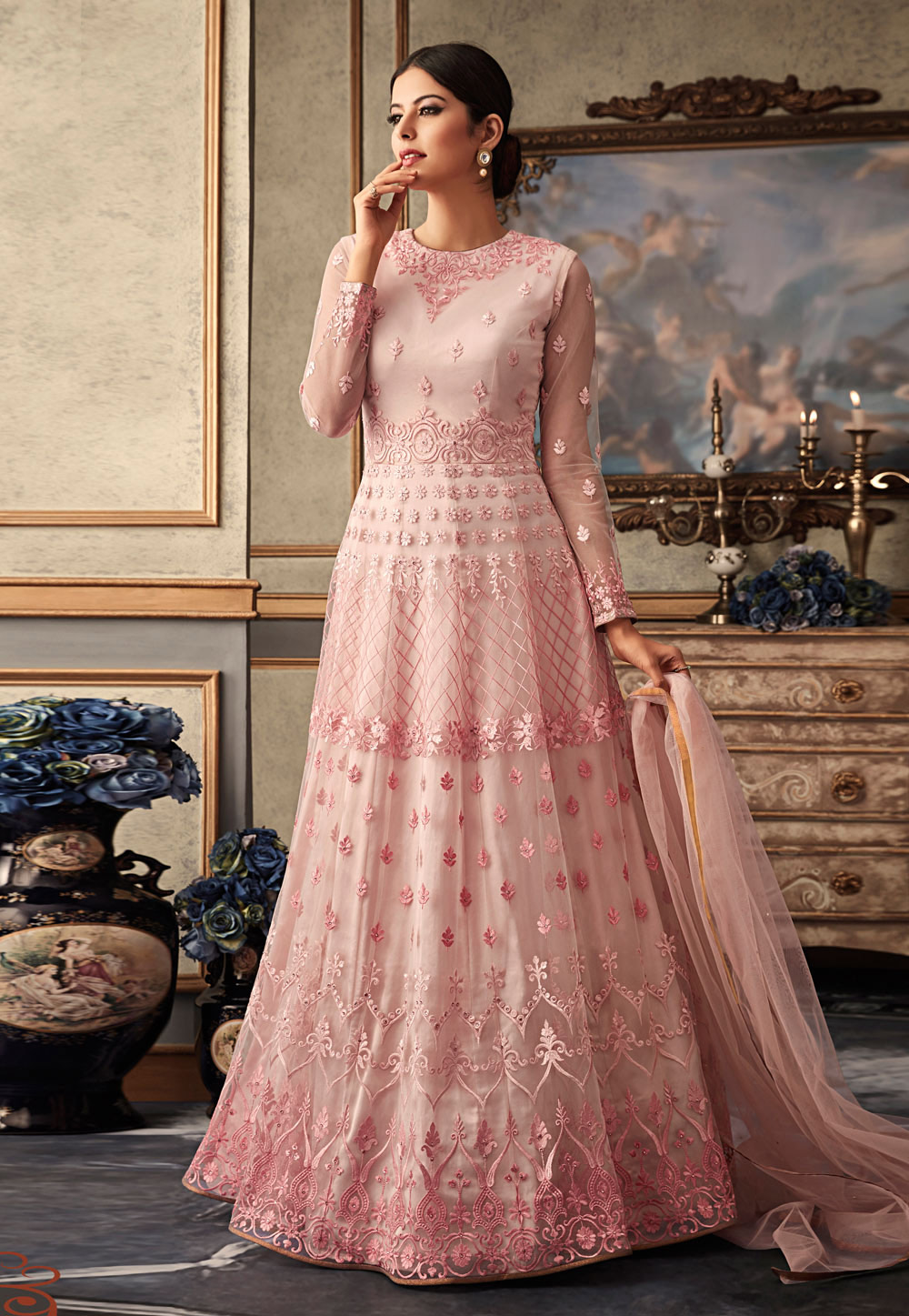 Light Pink Net Long Anarkali Suit 161955