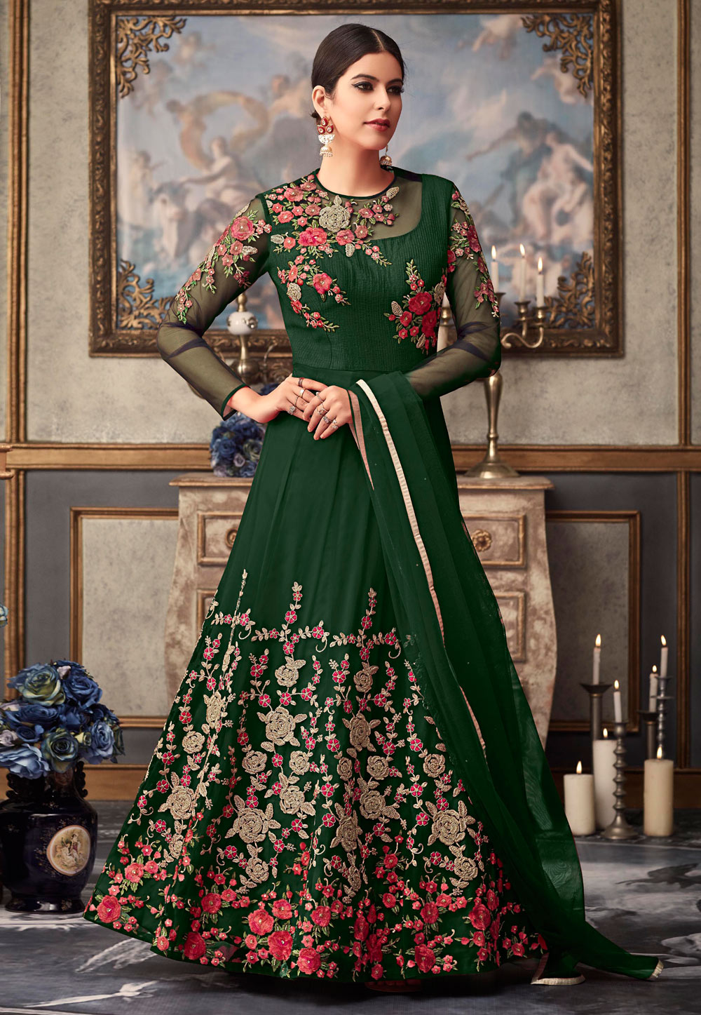 Green Net Embroidered Ankle Length Anarkali Suit 172899