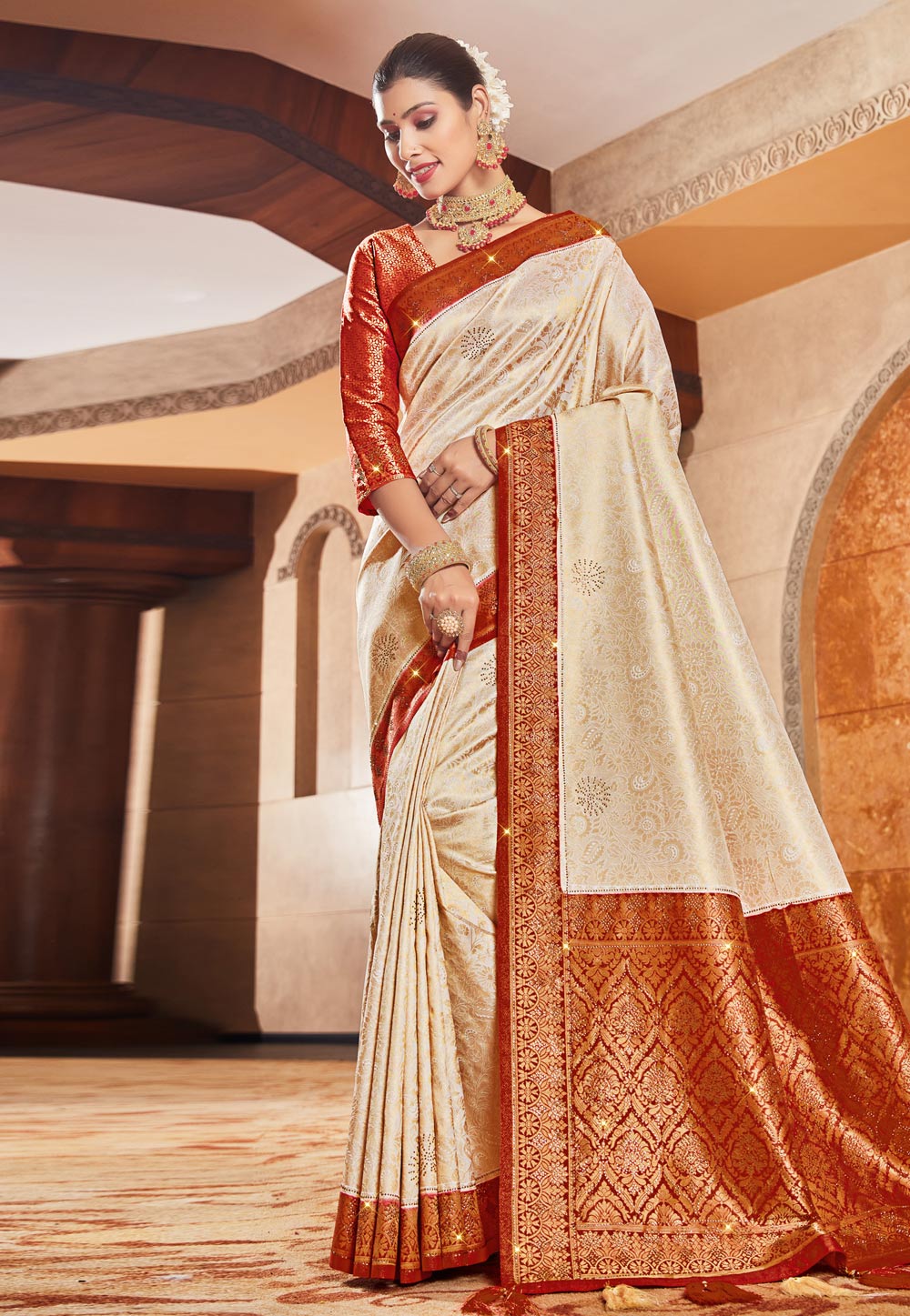 Cream Brocade Saree With Blouse 264866