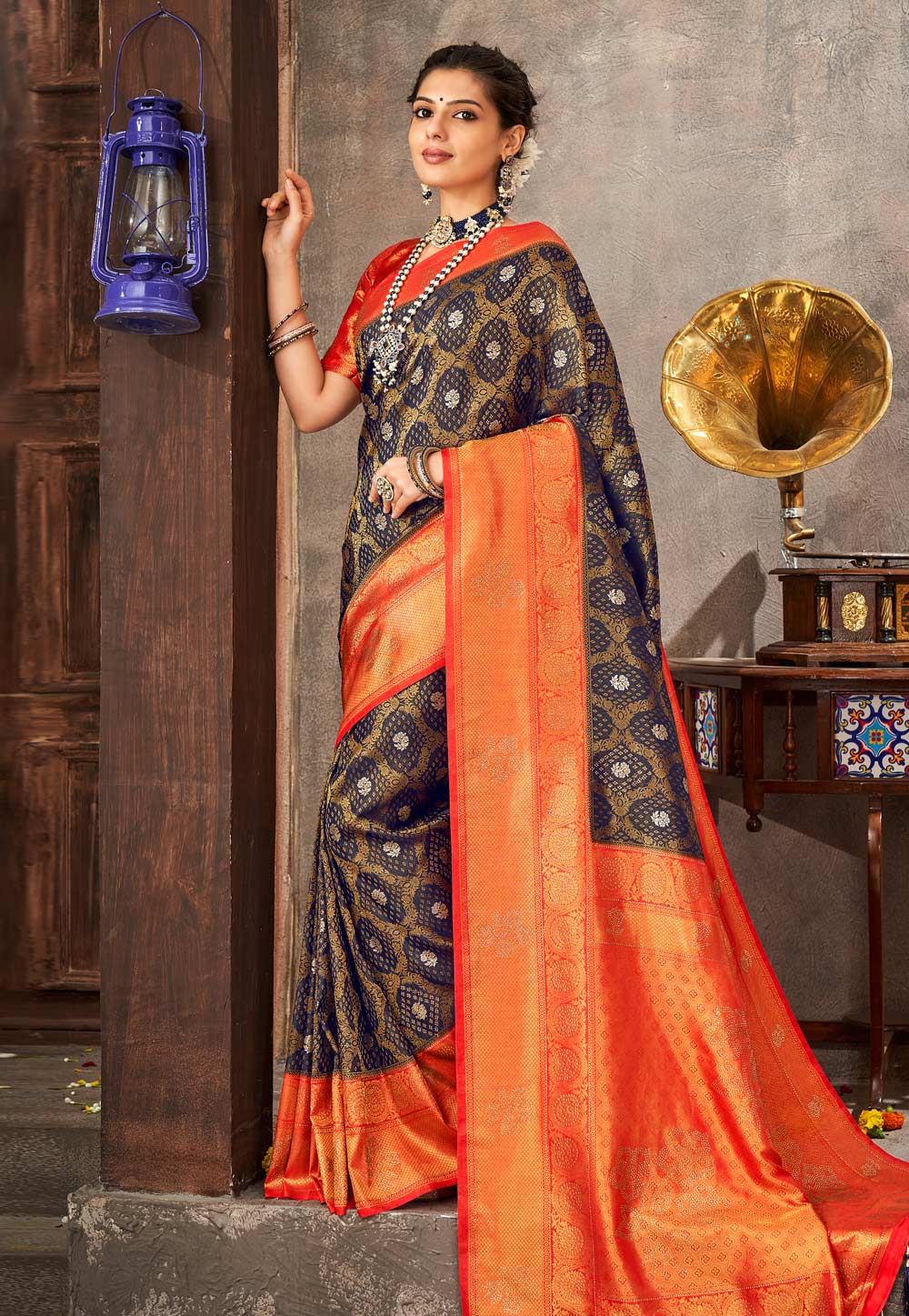 Navy Blue Brocade Saree With Blouse 251572