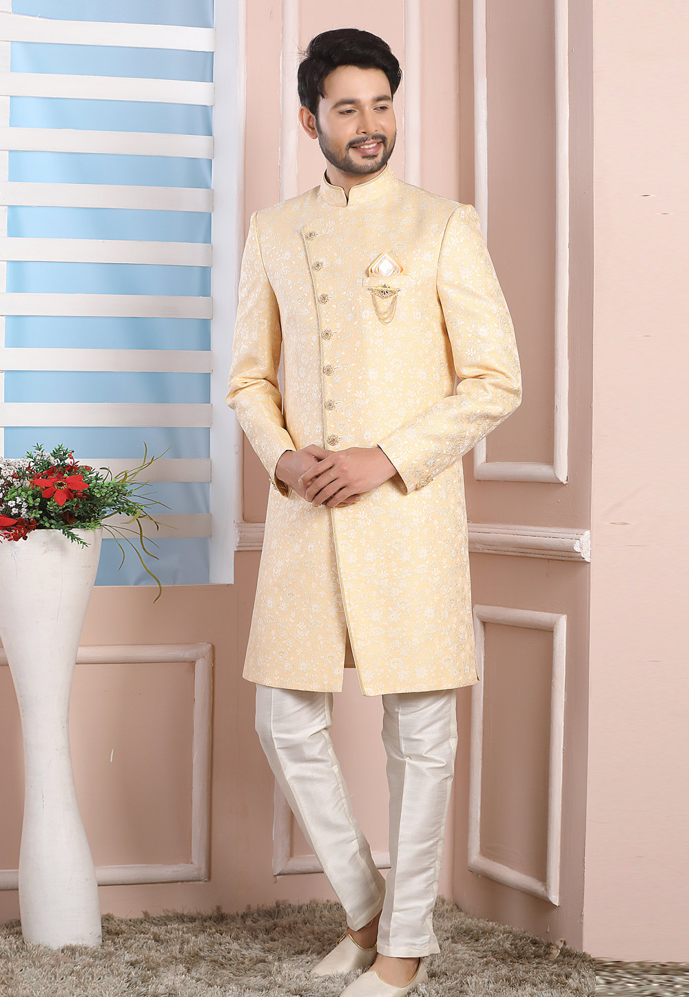 Yellow Jacquard Silk Indo Western Suit 249162