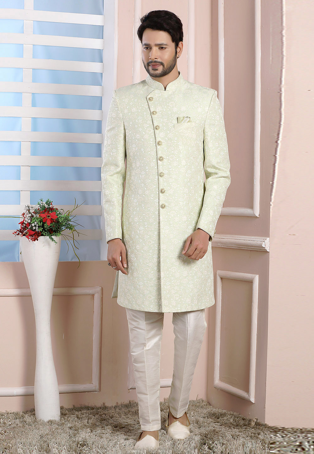 Pista Green Jacquard Silk Indo Western Suit 249164