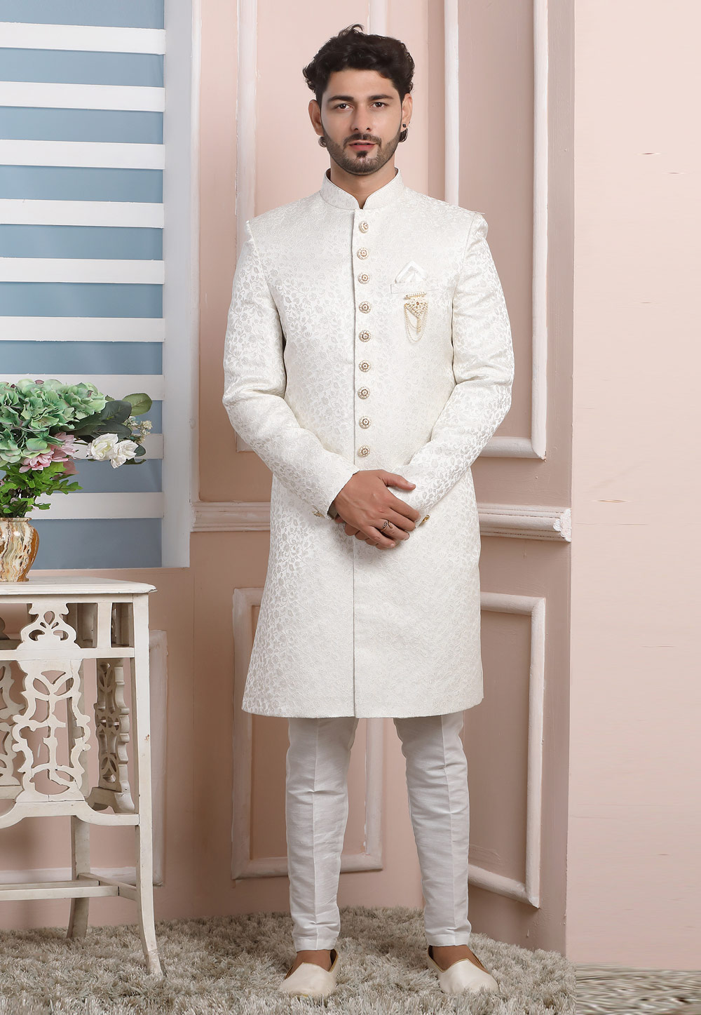 Off White Jacquard Silk Indo Western Suit 249165