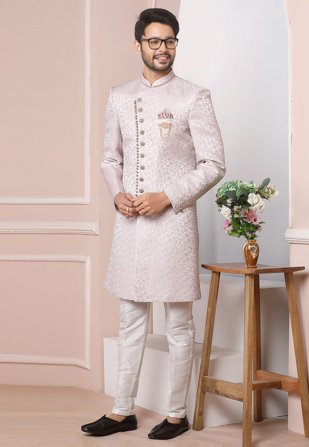 Pink Jacquard Silk Indo Western Suit 249166