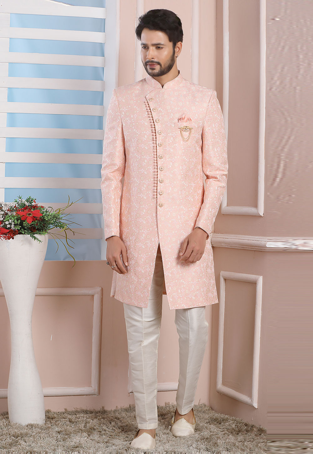 Peach Jacquard Silk Indo Western Suit 249168