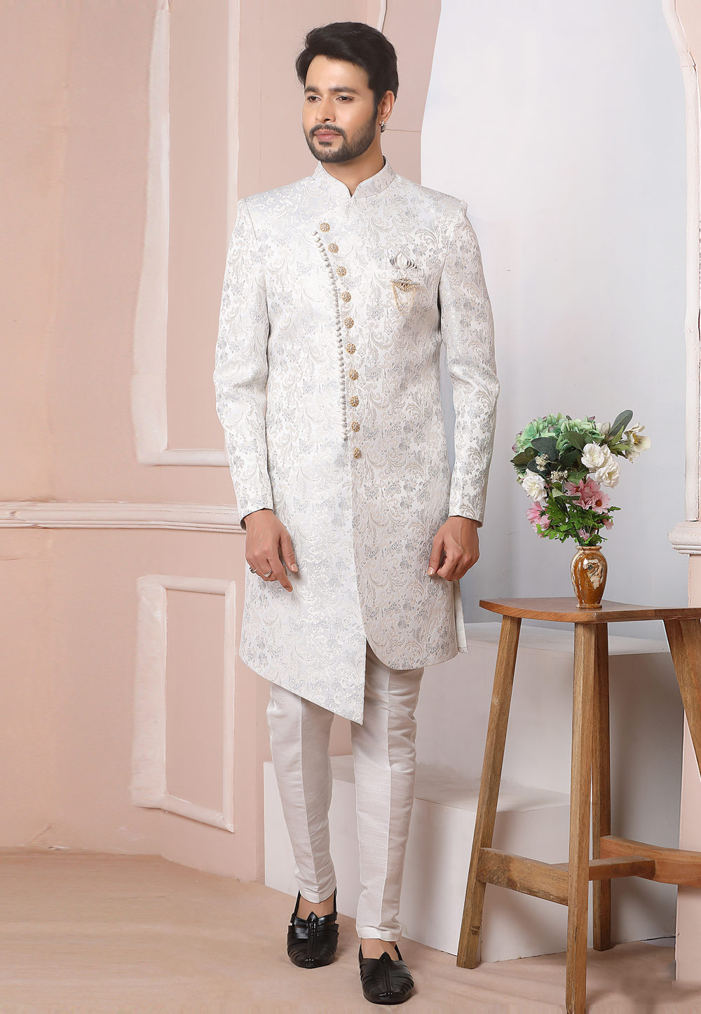 Off White Jacquard Silk Indo Western Suit 249170