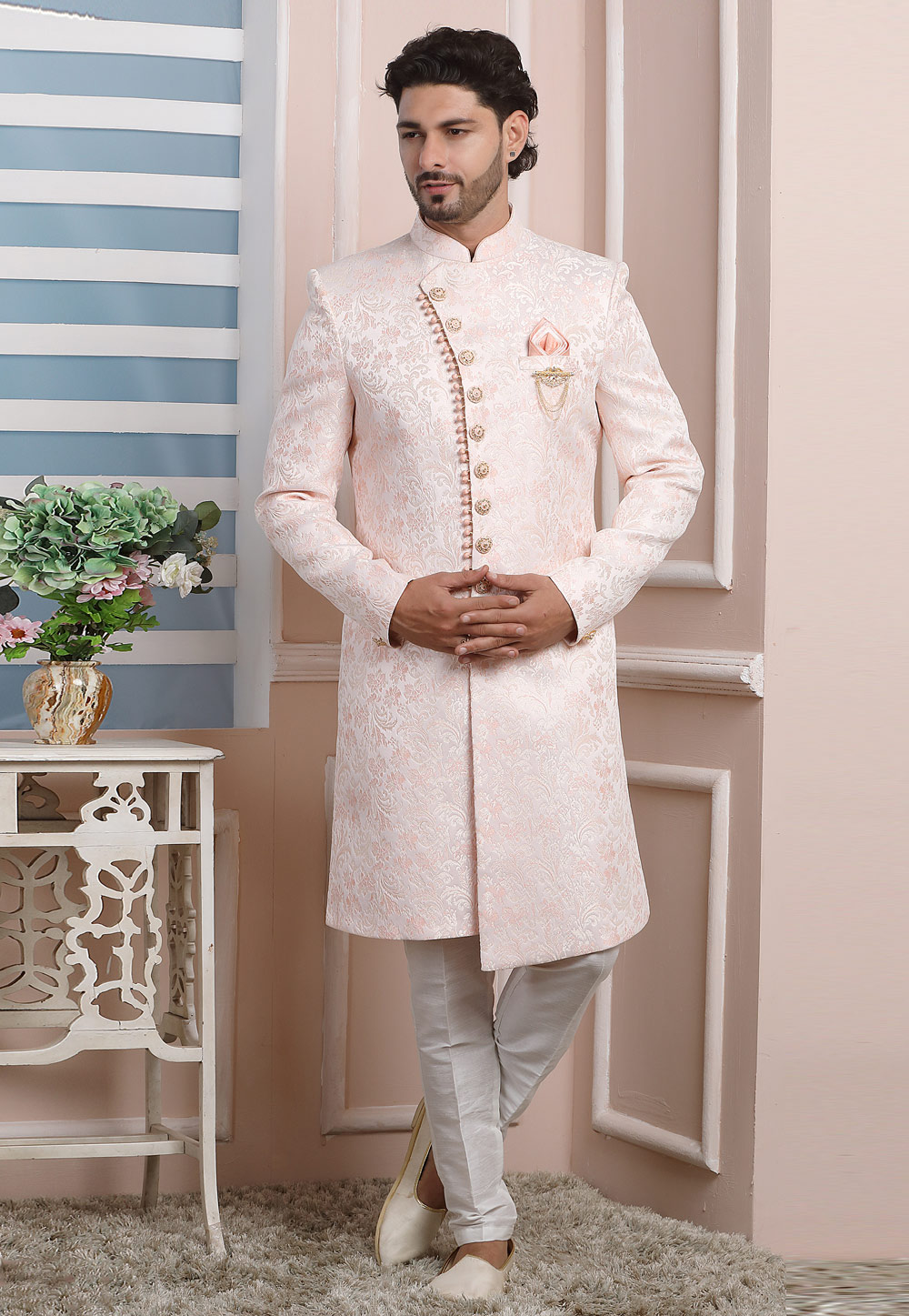Pink Jacquard Silk Indo Western Suit 249171
