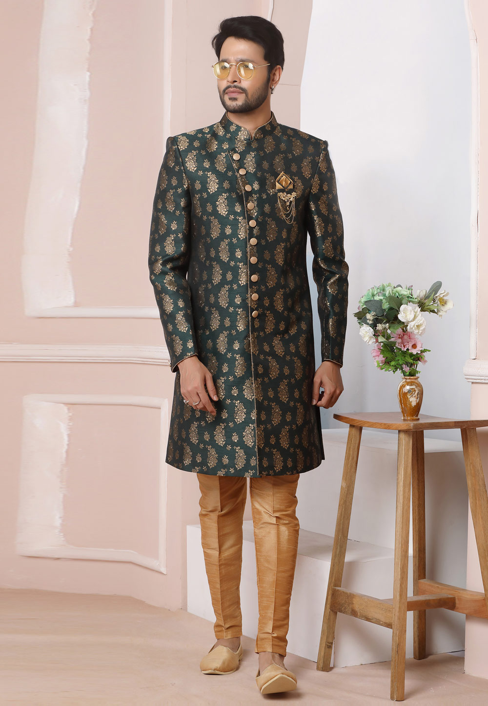 Green Jacquard Silk Indo Western Suit 249173