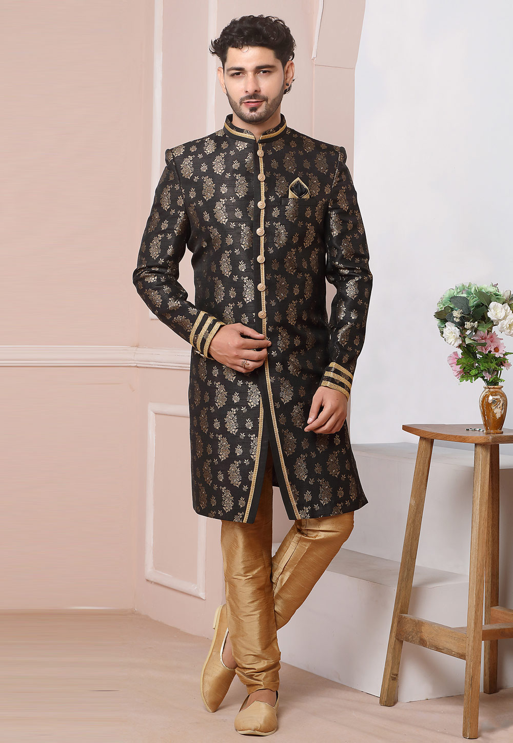 Black Jacquard Silk Indo Western Suit 249174